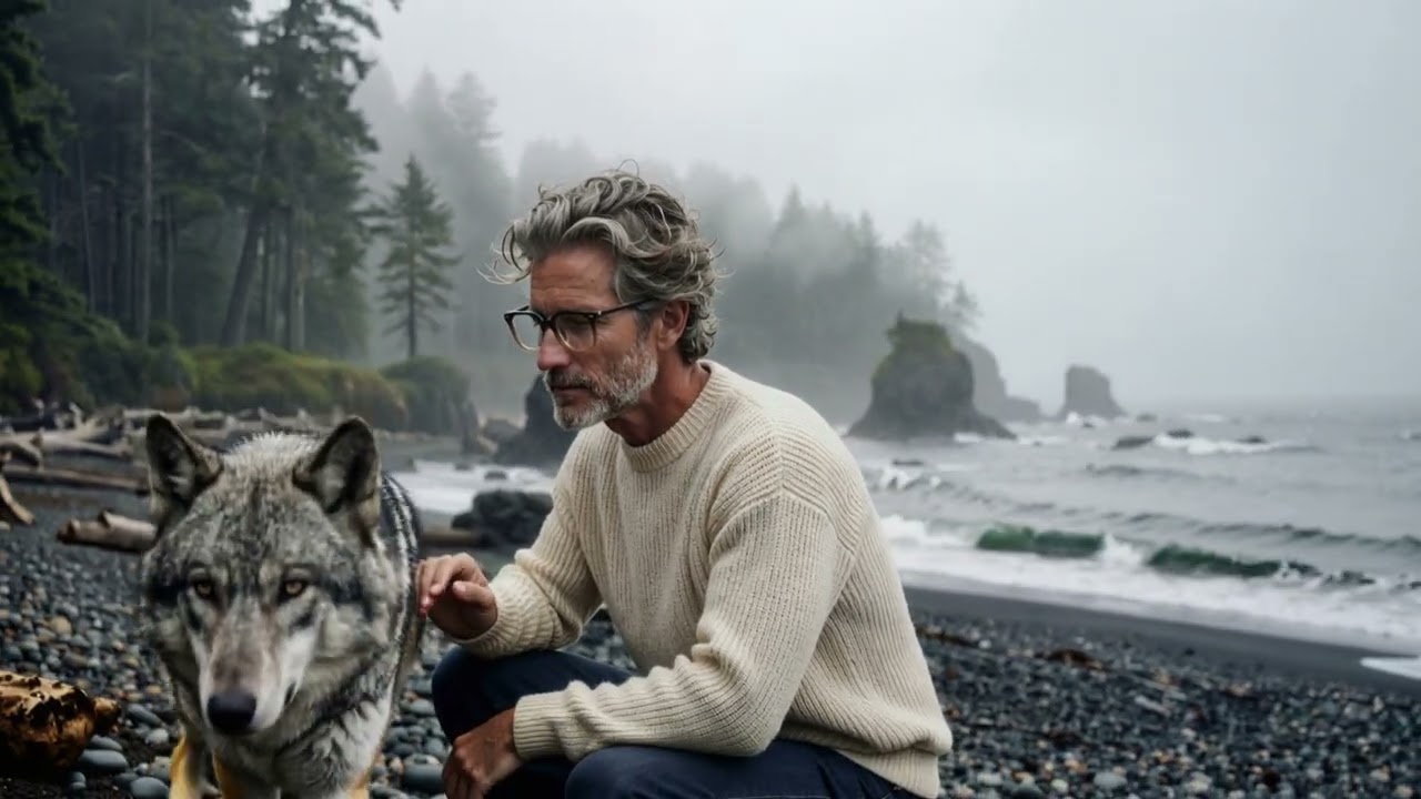 Man met bril en een wolf aan een mistige kust